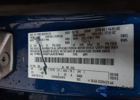 2018 Ford Escape Se из США, поврежденный, VIN 1FMCU0GD1JUC57443